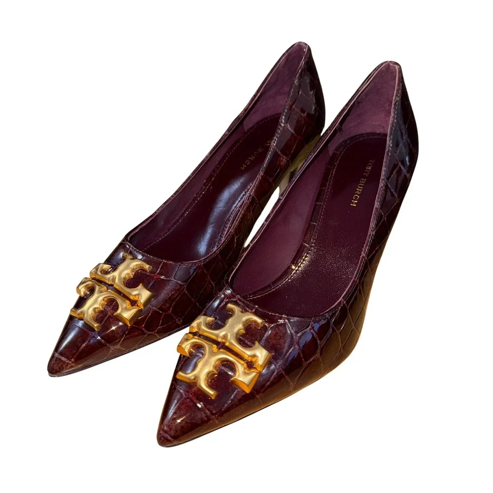 Tory Burch Eleanor Womens 6.5M Pre-Owned Heels Burgundy Croc Embossed Gold Logo
